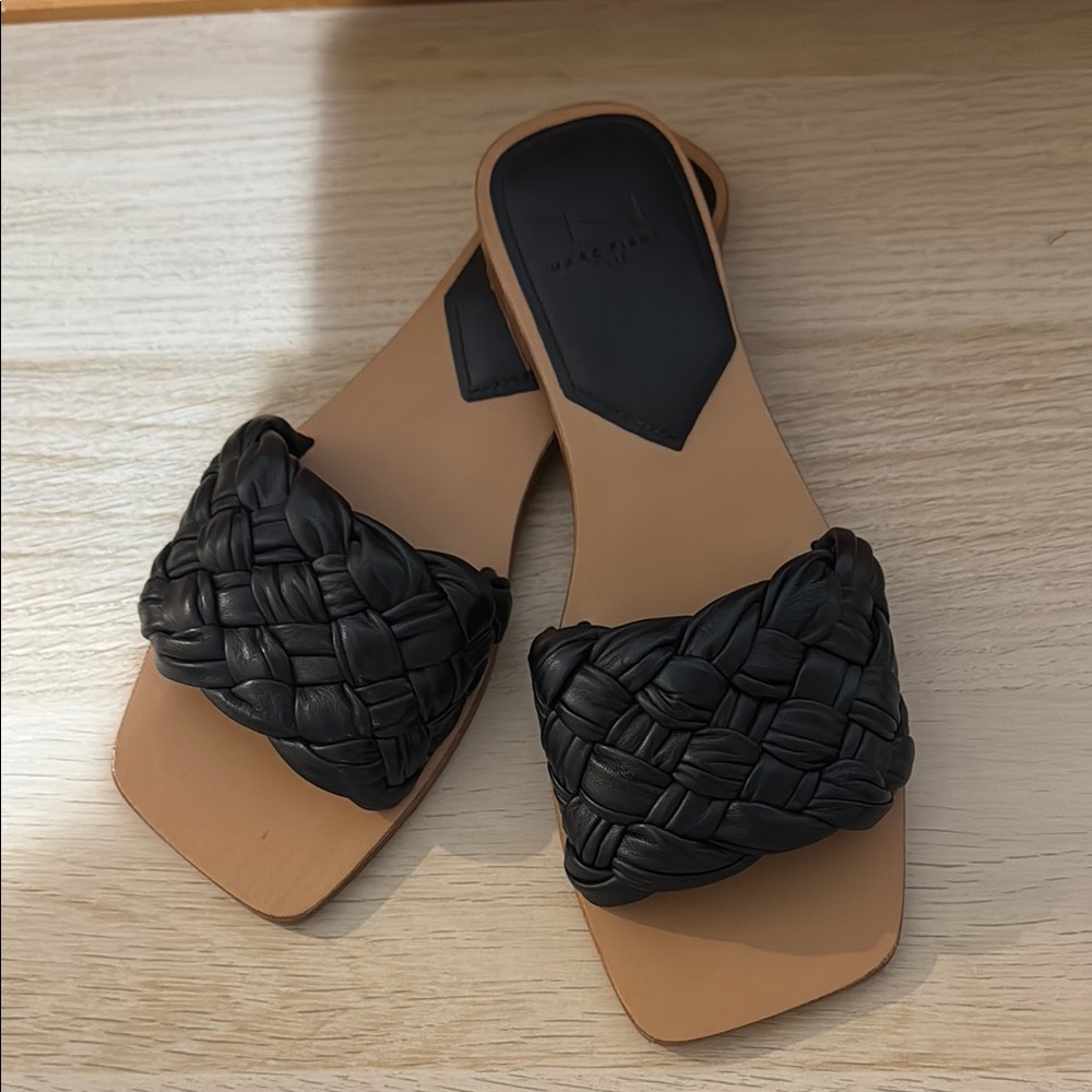 Marc Fisher Black and Tan Woven Sandals